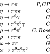 \begin{displaymath}\begin{array}{l}\eta \rightarrow \pi\pi\\eta \rightarrow \...
...begin{array}{r}P,CP\\ G\\ C\\ C\\ C,Bose\\ G\\ G\\ C\end{array}\end{displaymath}