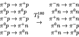 \begin{displaymath}\begin{array}{l}
\pi^+p\rightarrow \pi^+p\\pi^0p\rightarro...
...i^0n\rightarrow \pi^-p\\pi^+n\rightarrow \pi^0p
\end{array} \end{displaymath}