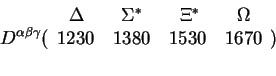 \begin{displaymath}D^{\alpha\beta\gamma} (\begin{array}{c}
\Delta~~~~~~\Sigma^*~...
...Xi^*~~~~~~\Omega\1230~~~1380~~~1530~~~1670\\ ~~~\end{array})\end{displaymath}